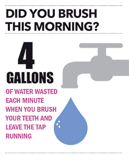 did you brush this morning? 4 gallons of water wasted each minute when you brush your teeth and leave the tap running