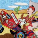 a red-headed cowboy struggles to control a red cart that reads, Git Along Lil’ Doggie. On the verge of tipping over, the cart sputters along on an empty desert landscape.