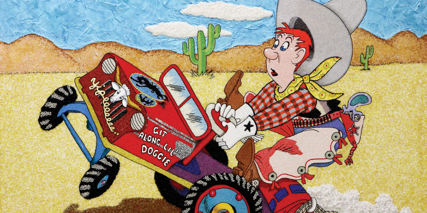 a red-headed cowboy struggles to control a red cart that reads, Git Along Lil’ Doggie. On the verge of tipping over, the cart sputters along on an empty desert landscape.