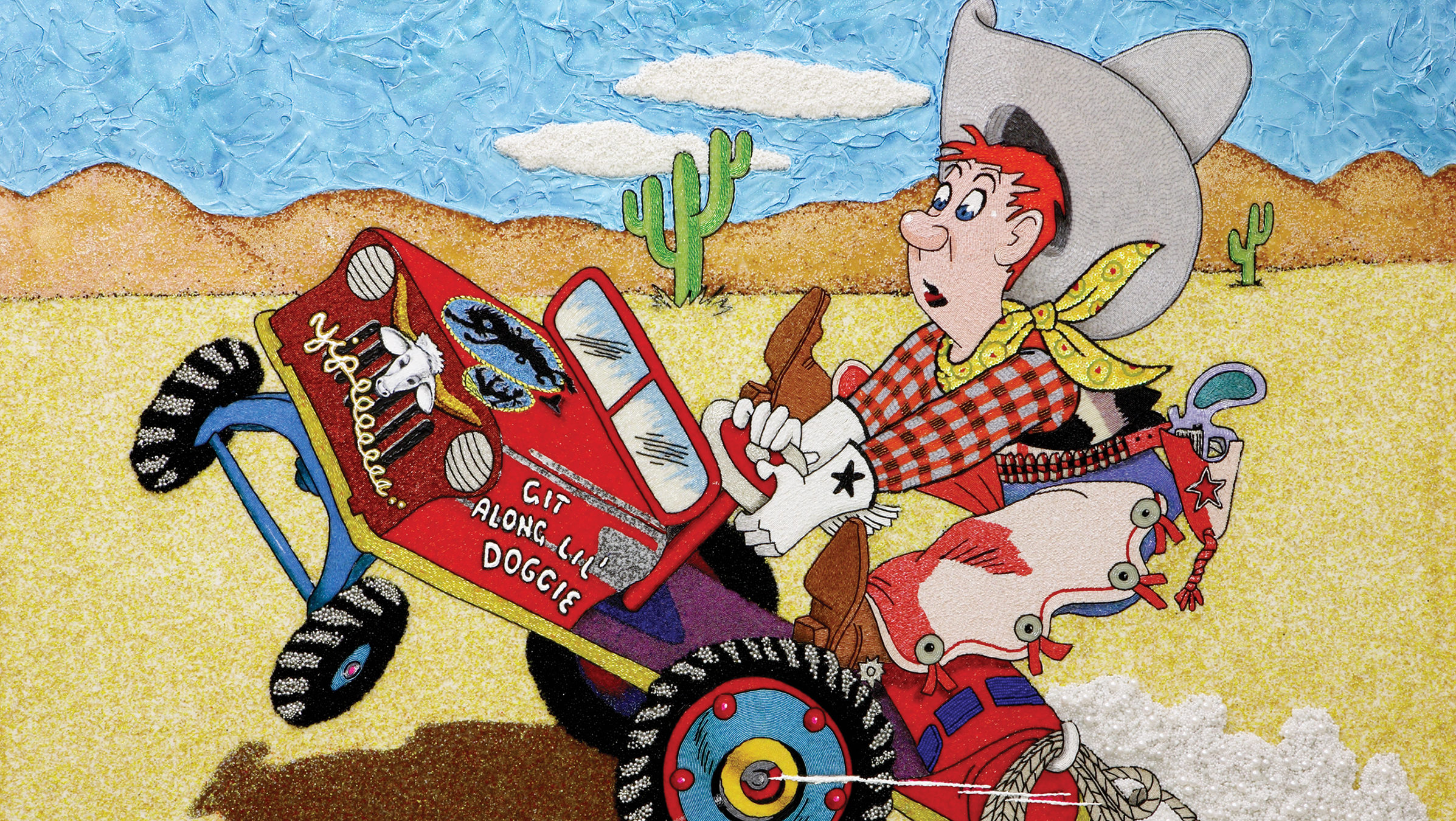 a red-headed cowboy struggles to control a red cart that reads, Git Along Lil’ Doggie. On the verge of tipping over, the cart sputters along on an empty desert landscape.