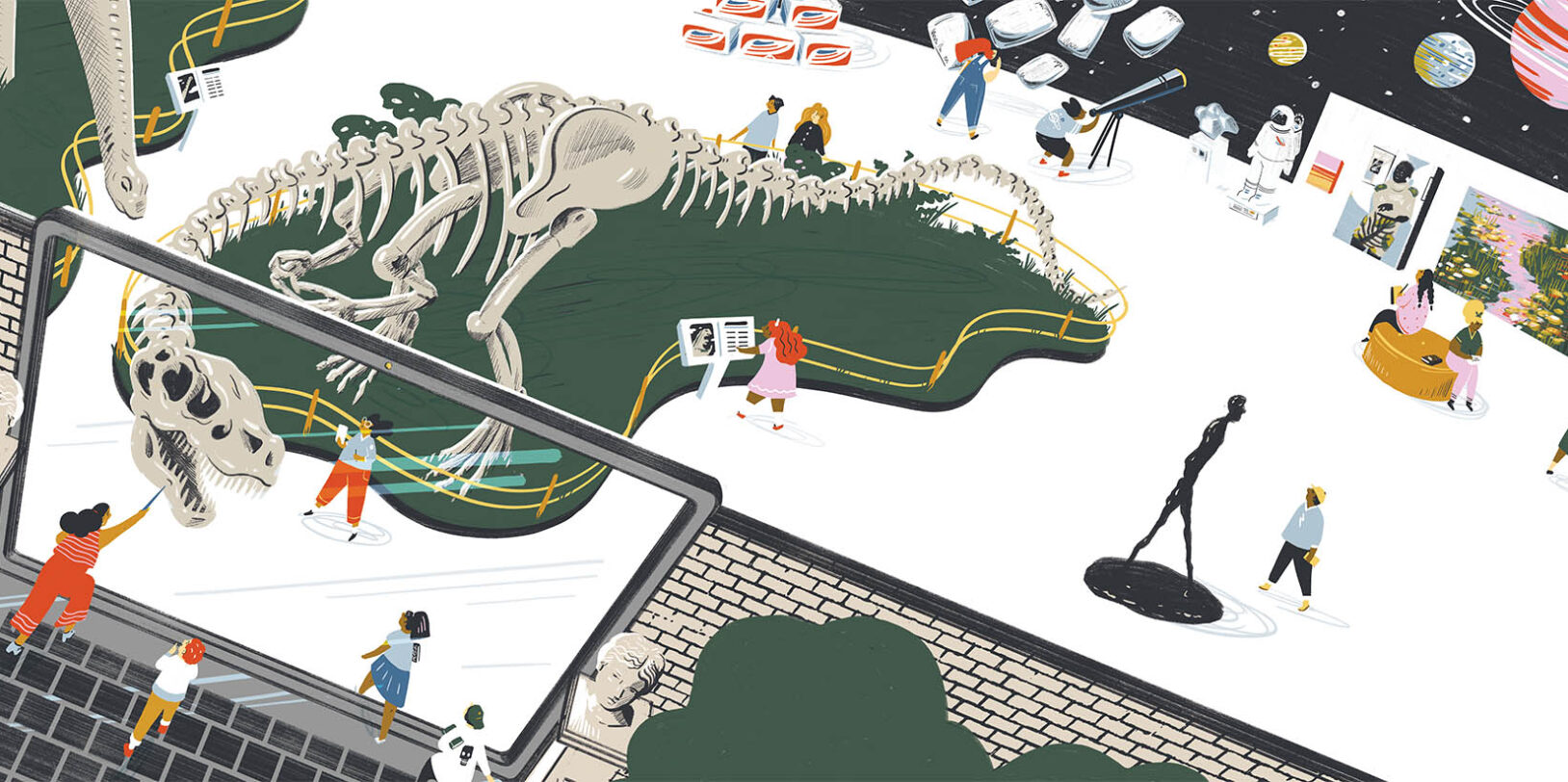 An illustration of children visiting the museum through a laptop screen.