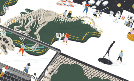 An illustration of children visiting the museum through a laptop screen.