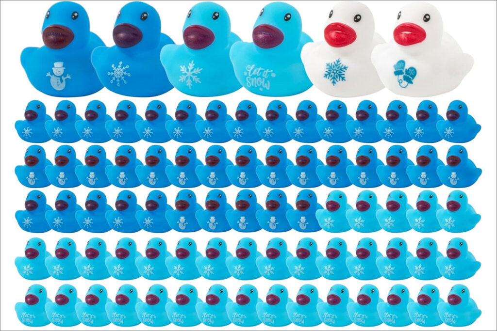 blue and white rubber ducks with snowflakes