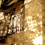 Photograph of a woman standing on the steps of an old house. The parts of the house are falling apart, and the area is overgrown with plants.