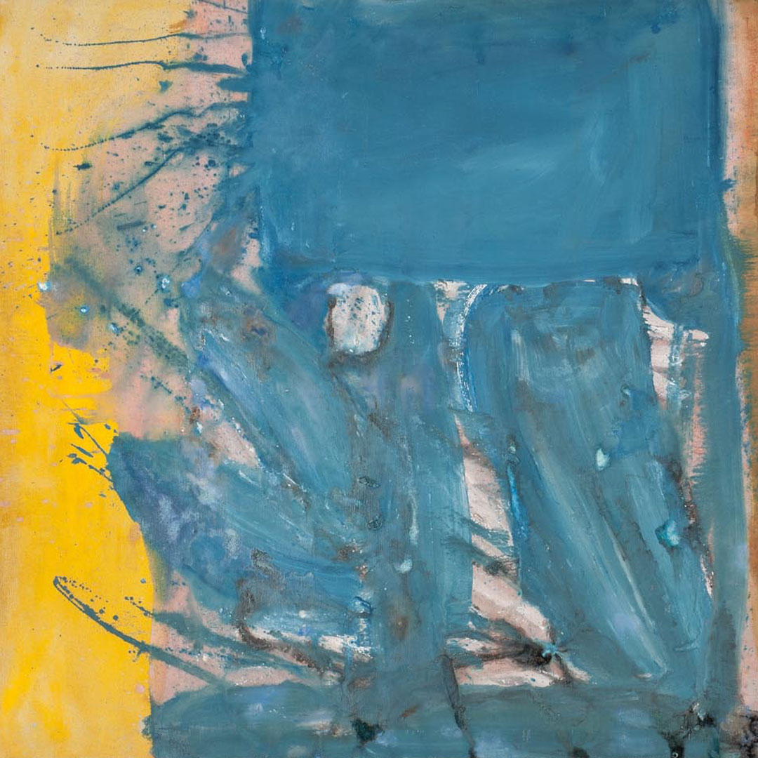 a blue and yellow portion of a painting by Helen Frankenthaler