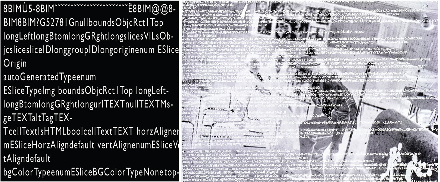 digital file of numbers, hashtags, and symbols shown over top of a photograph 