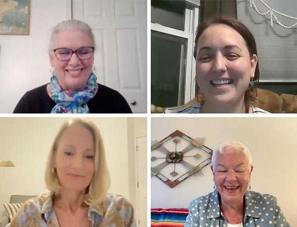 Four individuals are shown in a video call setting, each positioned in different backgrounds and wearing various outfits.