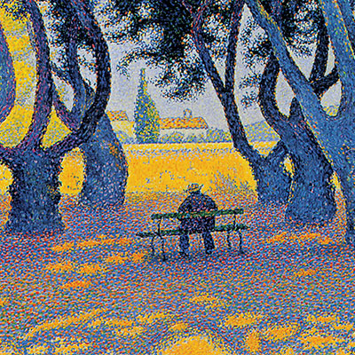 A painting of a man sitting alone on a park bench