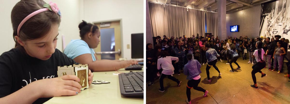 Two photos, one is a girl building a box in front of a computer, the other is a group of teens dancing at the Warhol museum.