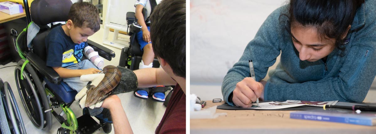 two photos, one is a boy in a wheelchair touching a lizard, the other is a girl drawing