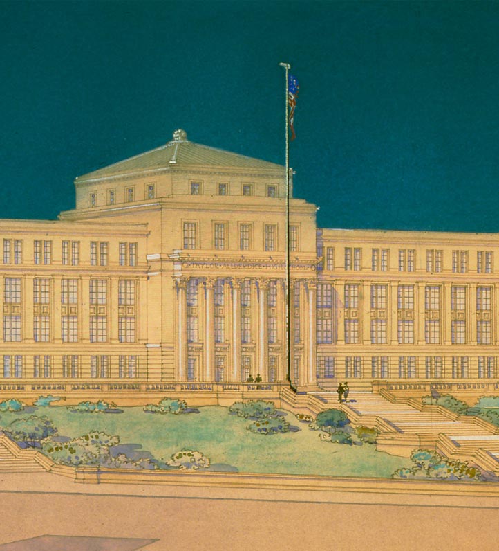 Architectural illustration of Taylor Allderdice High School with columns, steps, and an American flag, set against a teal background.