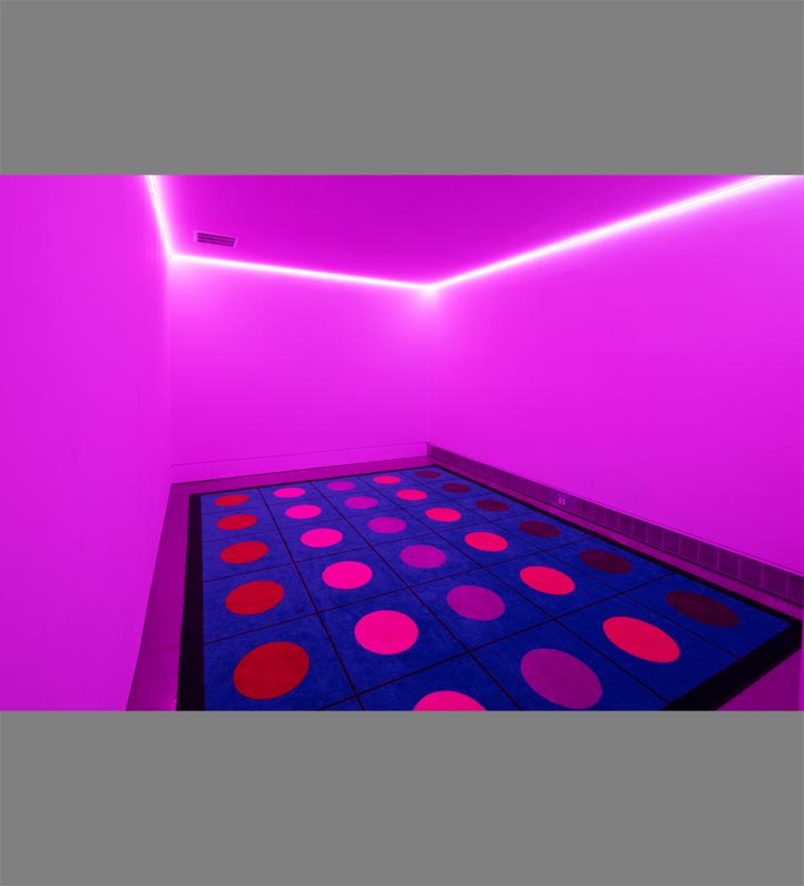 A grid of colored circles on a gridded floor