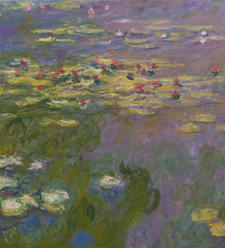 Painting by Monet of a serene water lily pond with vibrant green leaves and clusters of pink flowers, depicted in soft, impressionistic strokes.