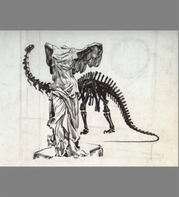 A sketch featuring a statue with wings beside a dinosaur skeleton, blending classical and prehistoric elements in a creative composition.