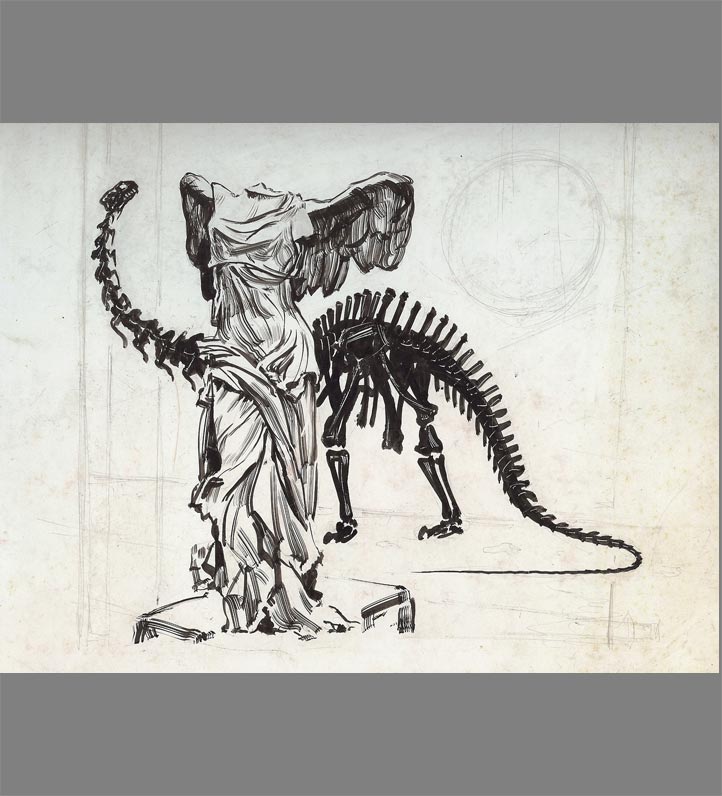 A sketch featuring a statue with wings beside a dinosaur skeleton, blending classical and prehistoric elements in a creative composition.
