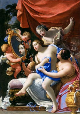 A classical painting depicting two women and cherubs, one holding a mirror, with vibrant drapery and lush backgrounds.