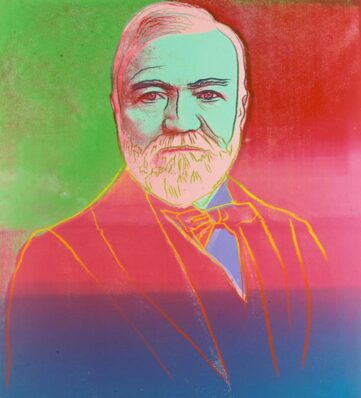 Andy Warhol's colorful silkscreen painting of Andrew Carnegie in green, red, blue, and yellow