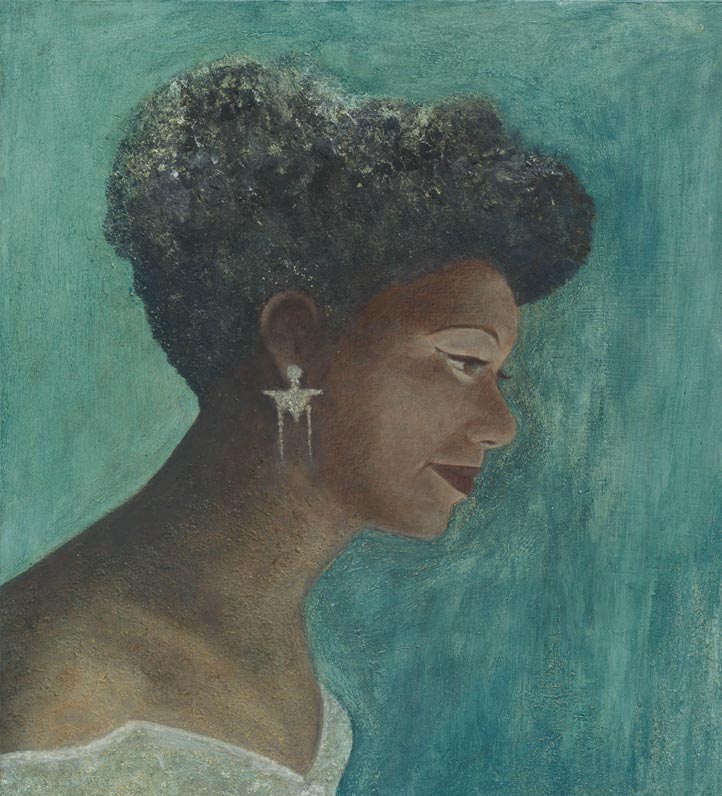 A profile of a person with textured hair, wearing a striking earring, set against a calming teal background.
