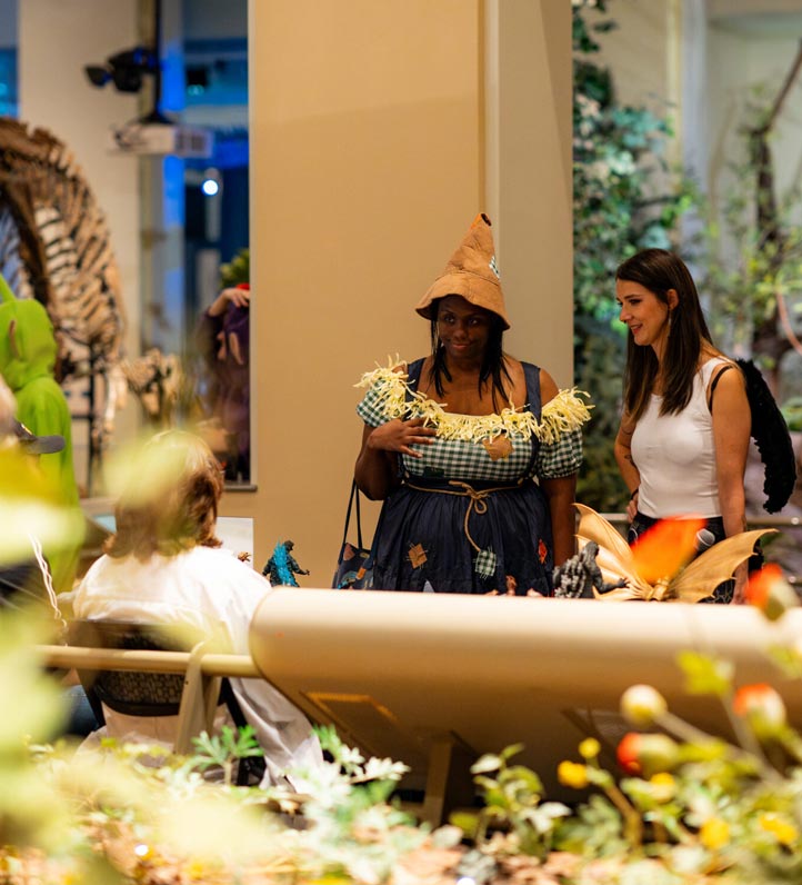 two women, one dresses as a scarecrow visit a museum.