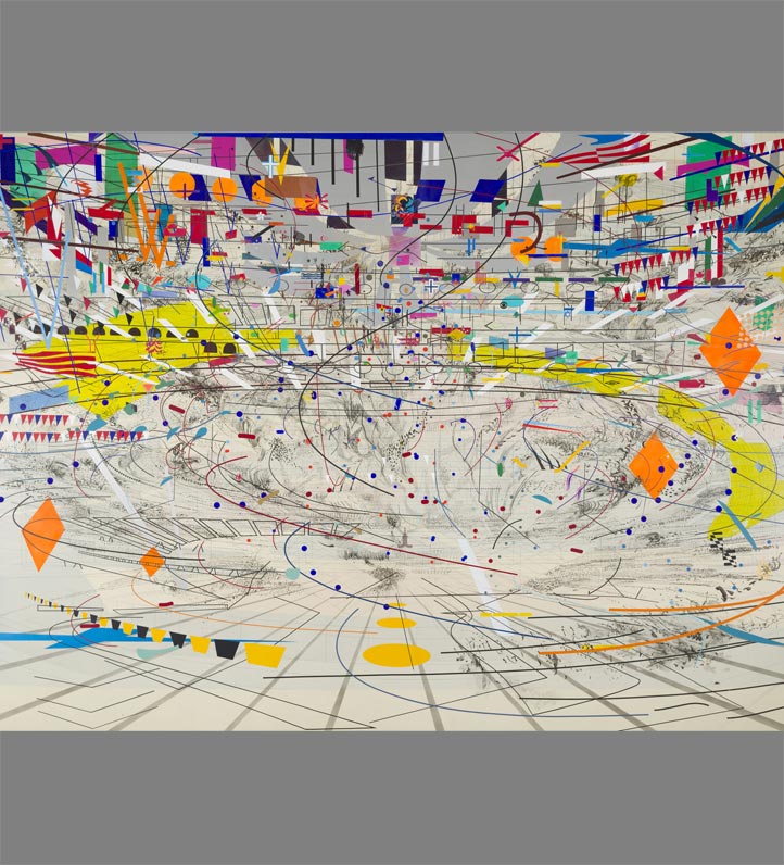 Julie Mehretu, Stadia II featuring a stadium using abstract line work