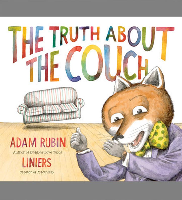 book cover of The Truth about The Couch with an illustration of a fox wearing a polkadot bow tie pointing at a striped couch.