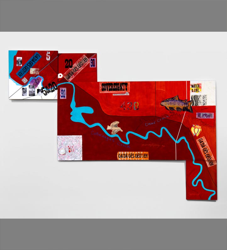 a collage of a river with a red background and various items pasted along the path such as fish and birds and place names.