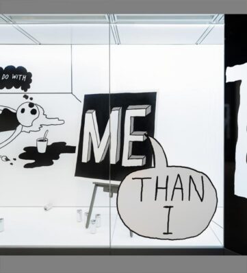 line drawing with ME THAN I in signs and bubble text