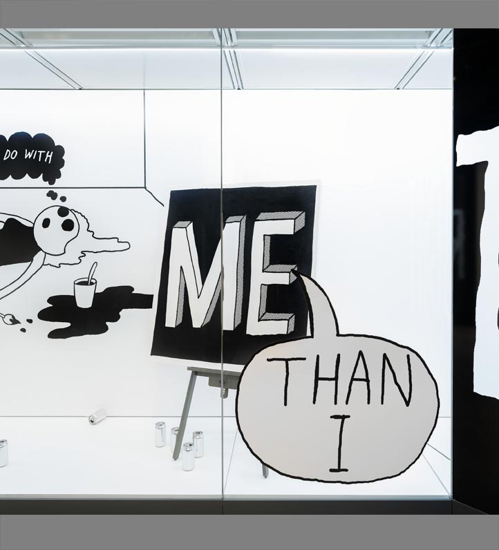 line drawing with ME THAN I in signs and bubble text