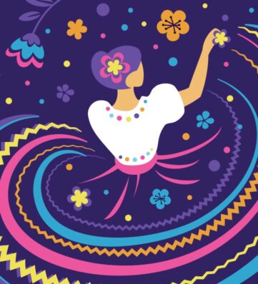 A colorful, stylized illustration of a woman dancing, surrounded by vibrant flowers and swirls against a dark purple background.
