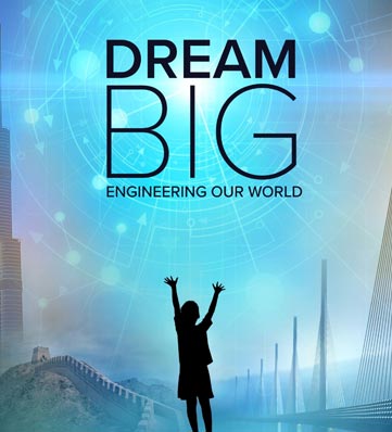 Silhouette of a child with outstretched arms, against a backdrop of technology and landmarks, with the text "Dream Big: Engineering Our World."