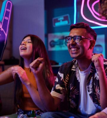 Two people celebrate excitedly in a vibrant room lit with neon lights, one holding a foam hand and both raising their fists.