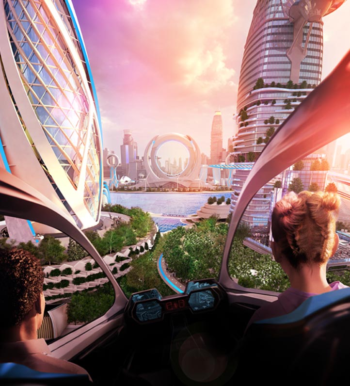 Two people view a futuristic cityscape with circular skyscrapers and green spaces from inside a sleek flying vehicle at sunset.