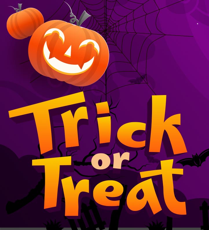 a halloween background with a pumpkin, spiders, bats and the words Trick or Treat