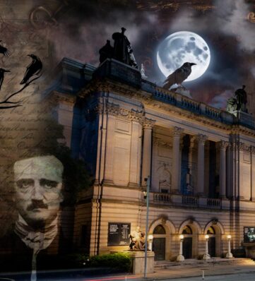 A collage of a spooky building, crows and image of Edgar Allan Poe