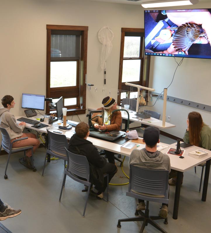 a group of people gathered around a table and looking at an overhead screen with a bird wing on view.