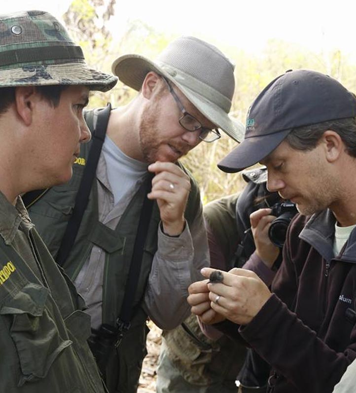 a small group of people looking at a person holding a bird.