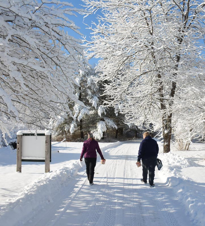 Two people walking down a snow covered path.