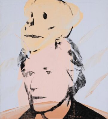 A colorful abstract self-portrait featuring Andy Warhol with muted tones and loose brushstrokes against a light background.