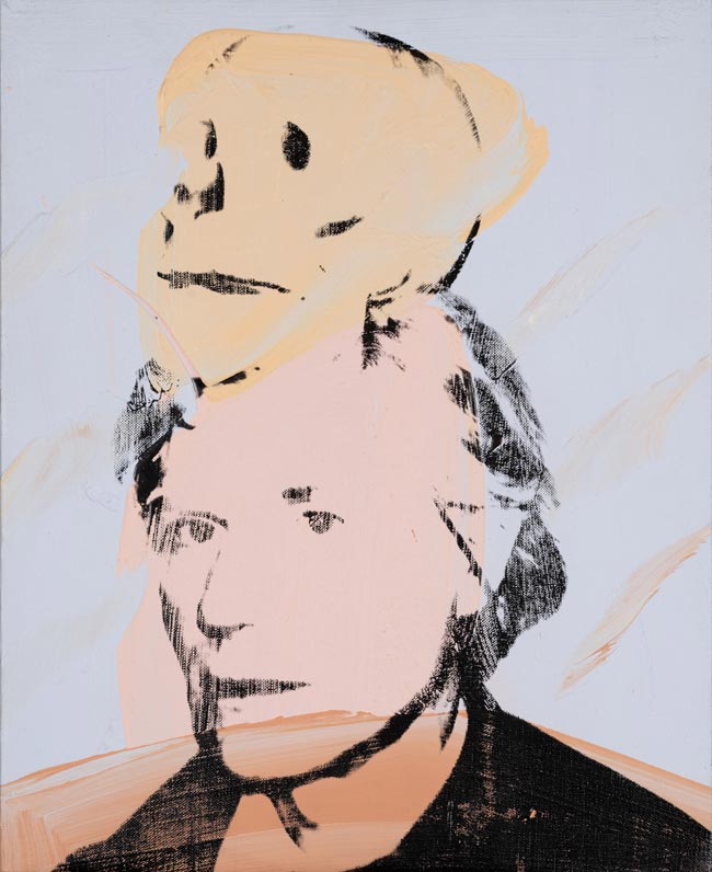 A colorful abstract self-portrait featuring Andy Warhol with muted tones and loose brushstrokes against a light background.