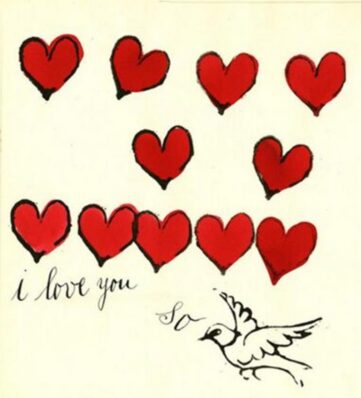 A ink drawing of red hearts and a bird with i love you so written in cursive