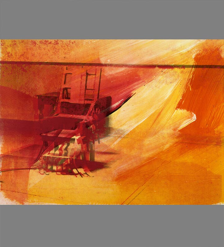 Screenprint featuring an electric chair in warm tones of red and orange with dynamic, swirling brushstrokes.