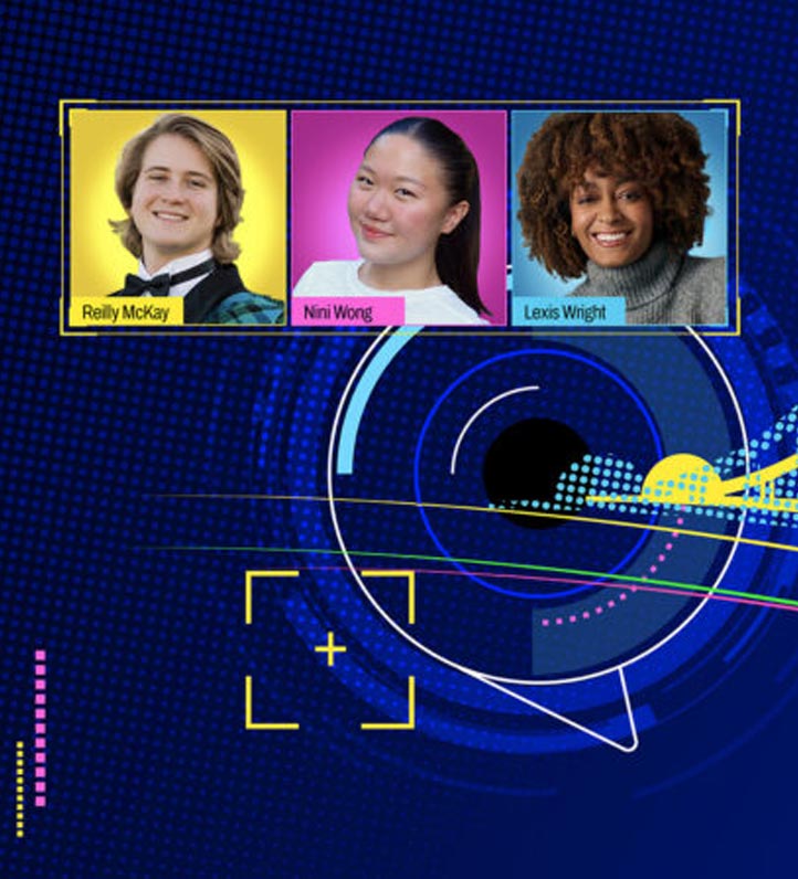 three headshots of speakers on a graphic blue background