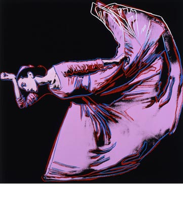 A silkscreen of Martha Graham in a flowing dress is captured mid-motion against a dark background, showcasing vibrant pink and blue hues.
