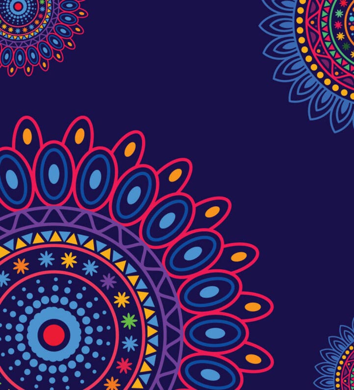 A colorful stylized flower pattern on a dark purple background