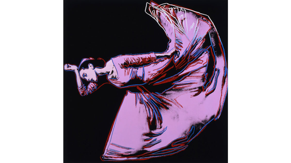 Screenprint of a ballet dancer by Andy Warhol depicted in dynamic motion with a flowing costume in purple, set against a dark background.