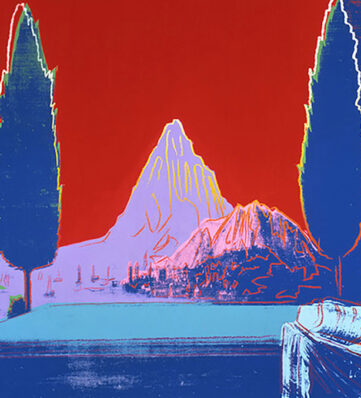 A vibrant scene featuring mountains and trees against a bold red backdrop, with hands resting on a blue table.