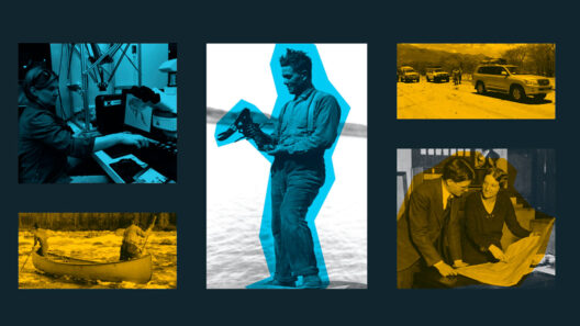 A collage of vintage and modern scenes, including a scientist at work, a canoe trip, and a couple examining maps, with a blue accent.