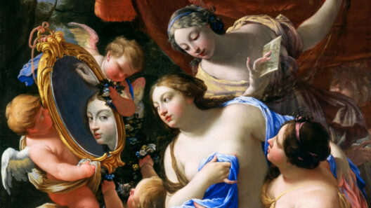 A group of cherubs and women interact around a large ornate mirror, evoking themes of beauty and reflection in a vibrant classical setting.