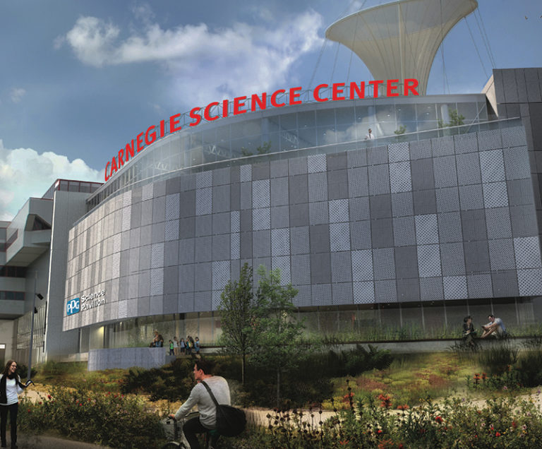 A rendering of the new PPG Science Pavillion showing the exterior of the new building