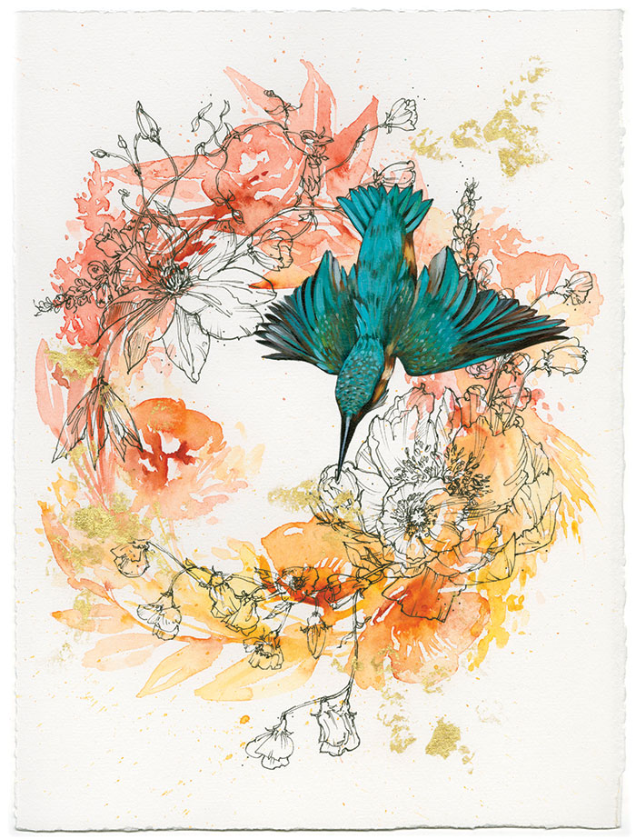 painitng of a Kingfisher bird flying over an orange wreath of flowers.